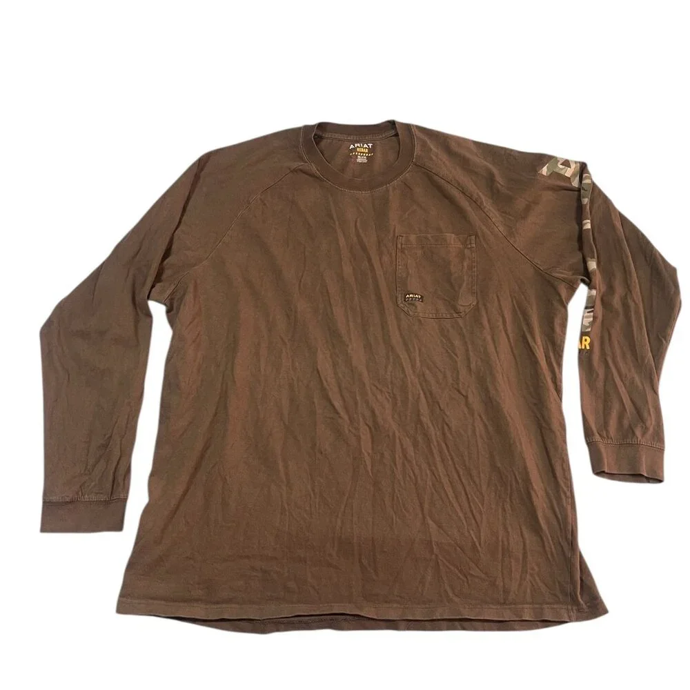 Ariat Rebar Long Sleeve Shirt Men's Size 3XL Brown Front Pocket Camo Spell Out - Picture 1 of 5